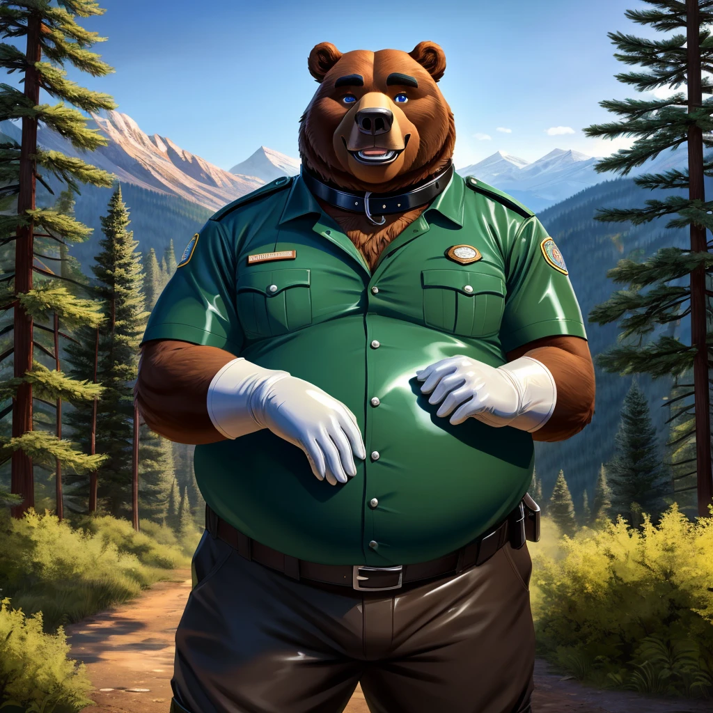 solo, full body, Male, fat, extremely obese, Bear, park ranger, trousers, outdoor, park ranger uniform, collared shirt with buttons, blue eyes, (soft shading), 4k, hi res, ((detailed face, detailed)), looking at viewer, evil grin, Bear is wearing the collared shirt and leather collar at the same time, Bear is wearing a glossy leather dog collar around the neck, Bear is wearing white rubber gloves on the hands, white rubber gloves on the feet, gloves are rubber in texture, leather collar is shiny, leather collar is extremely detailed, rubber gloves are glossy, Evergreen pine forest and mountains national park in the background, Environmental protection area.