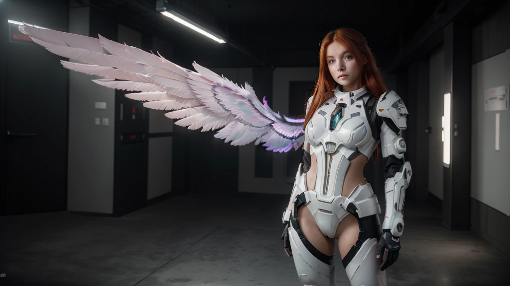 ((masterpiece, best quality, extremely detailed), volumetric lighting, ambient occlusion, colorful, glowing), 1girl, solo, young woman, (red hair), long hair, halo, aura, sacred, godness, cyber suit, android, bot, big angel wings, full body, feathers,hands on hip