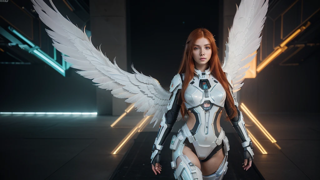 ((masterpiece, best quality, extremely detailed), volumetric lighting, ambient occlusion, colorful, glowing), 1girl, solo, young woman, (red hair), long hair, halo, aura, sacred, godness, cyber suit, android, bot, big angel wings, full body, feathers,hands on hip