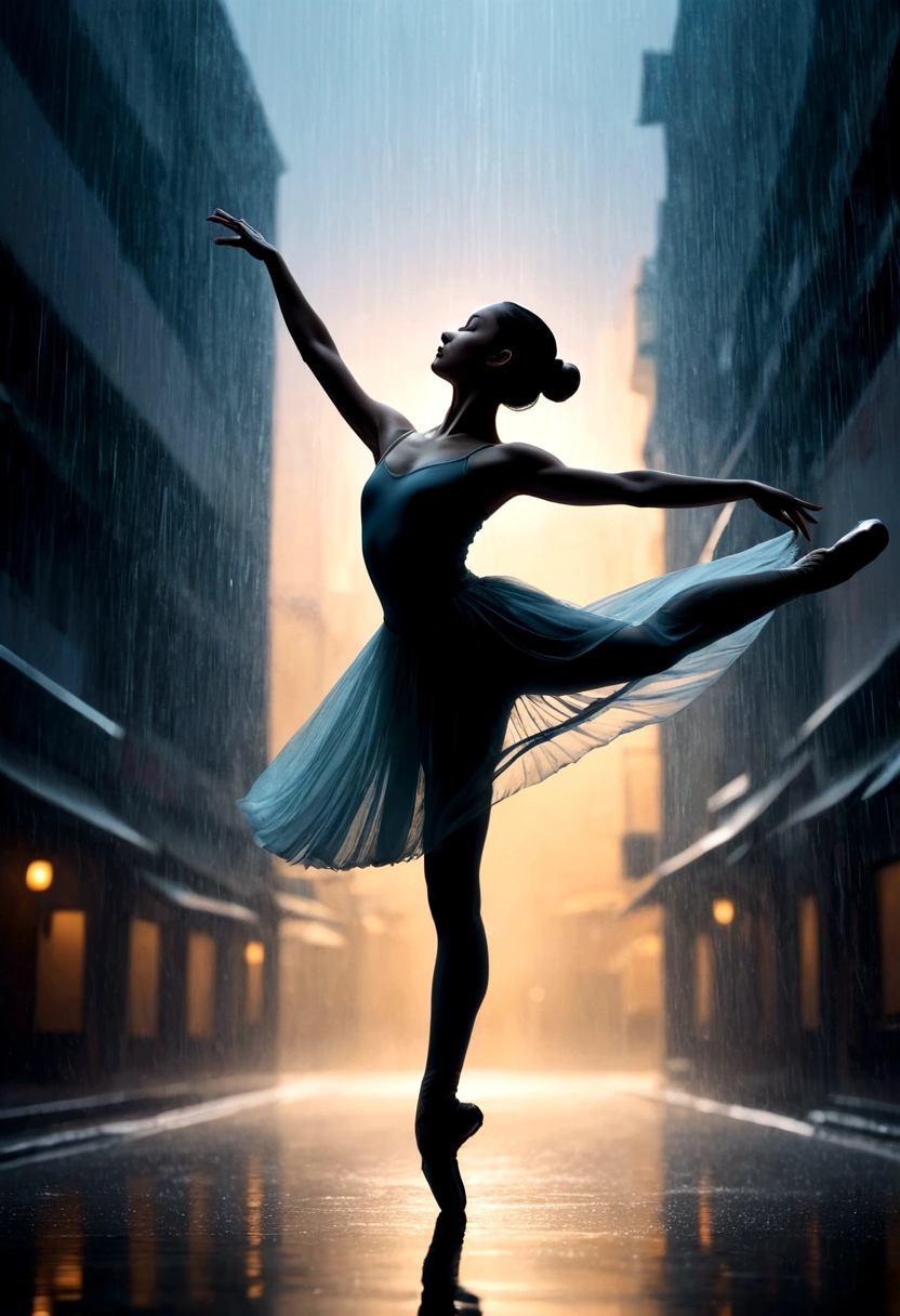 The silhouette of a ballet dancer gradually formed by the rain, 红色background, Digital Art Style, Simple lines,Silhouette of a ballet dancer dancing beautifully from above, 暴雨 dancing with the light Simple lines, Silhouette Art, background, illustration, 暴雨background, cartoon, 纯色background, texture, lotus, Warm atmosphere, Mysterious feeling, Dancing in the heavy rain, A style that displays waterspouts and light,Double Exposure,reflection
