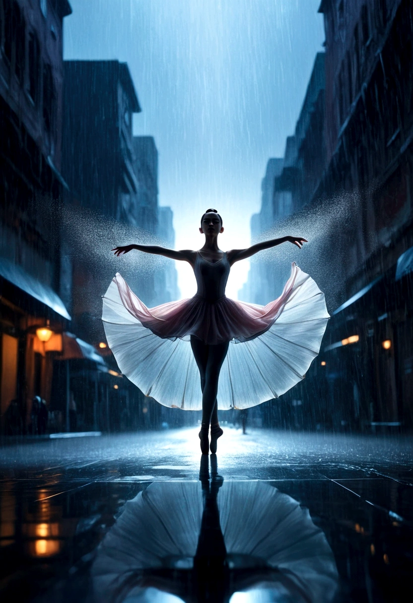 The silhouette of a ballet dancer gradually formed by the rain， 红色background, Digital Art Style, Simple lines，Silhouette of a ballet dancer dancing beautifully from above, 暴雨 dancing with the light Simple lines, Silhouette Art, background, illustration, 暴雨background, cartoon, 纯色background, texture, lotus, Warm atmosphere, Mysterious feeling, Dancing in the heavy rain, A style that displays waterspouts and light，Double Exposure，reflection