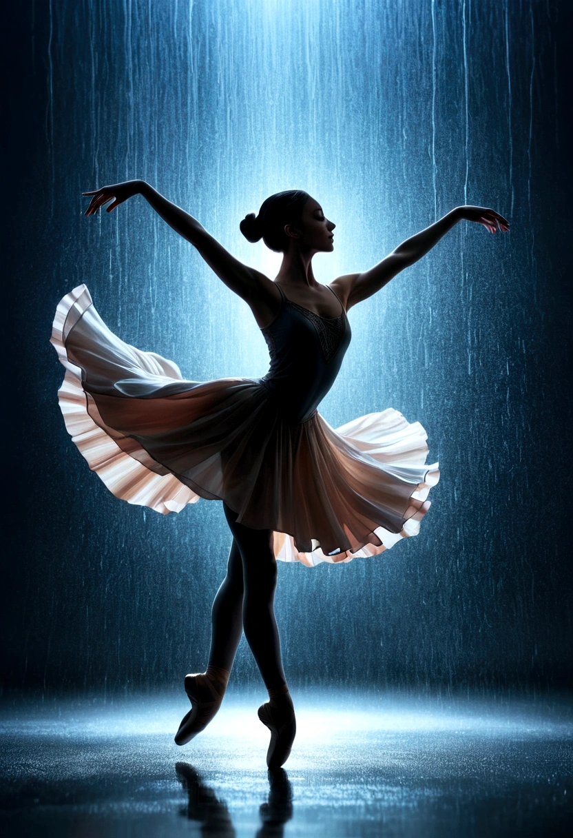 The silhouette of a ballet dancer gradually formed by the rain， 红色background, Digital Art Style, Simple lines，Silhouette of a ballet dancer dancing beautifully from above, 暴雨 dancing with the light Simple lines, Silhouette Art, background, illustration, 暴雨background, cartoon, 纯色background, texture, lotus, Warm atmosphere, Mysterious feeling, Dancing in the heavy rain, A style that displays waterspouts and light，Double Exposure，reflection