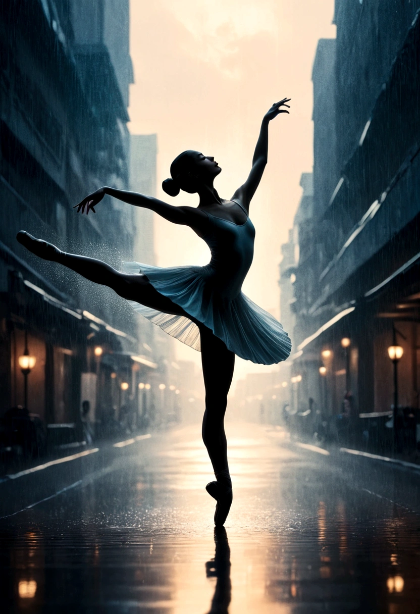 The silhouette of a ballet dancer gradually formed by the rain, 红色background, Digital Art Style, Simple lines,Silhouette of a ballet dancer dancing beautifully from above, 暴雨 dancing with the light Simple lines, Silhouette Art, background, illustration, 暴雨background, cartoon, 纯色background, texture, lotus, Warm atmosphere, Mysterious feeling, Dancing in the heavy rain, A style that displays waterspouts and light,Double Exposure,reflection