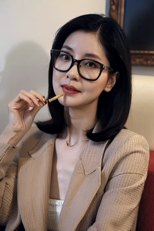 Highest quality、masterpiece、High sensitivity、High resolution、Detailed Description、Slender women、Bewitching Mature Woman、Glasses、Casual clothes、Smoke a cigarette、