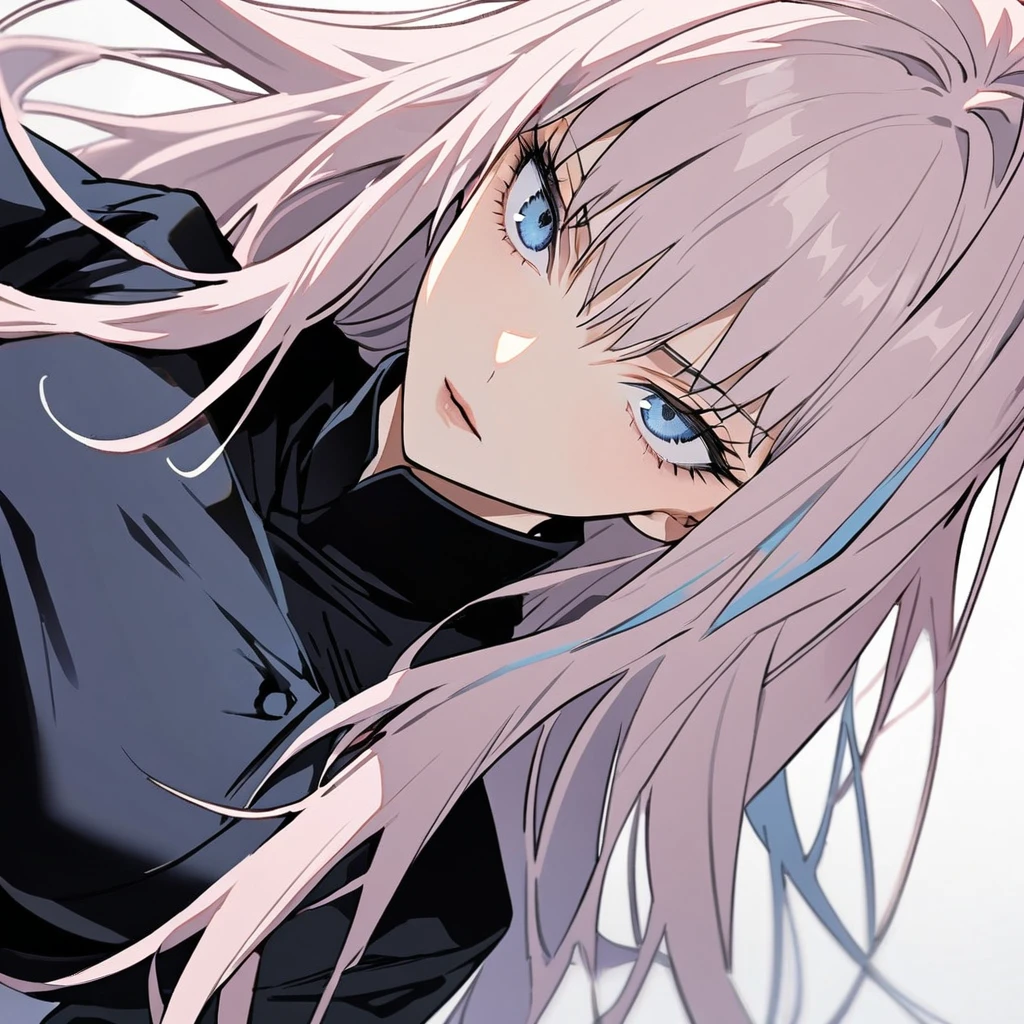 1 beautiful girl in jujutsu kaisen style, long hair, light pink hair, blue hair tips, light blue eyes, jujutsu sorceress uniform, tilted face, image angle upwards,White background 