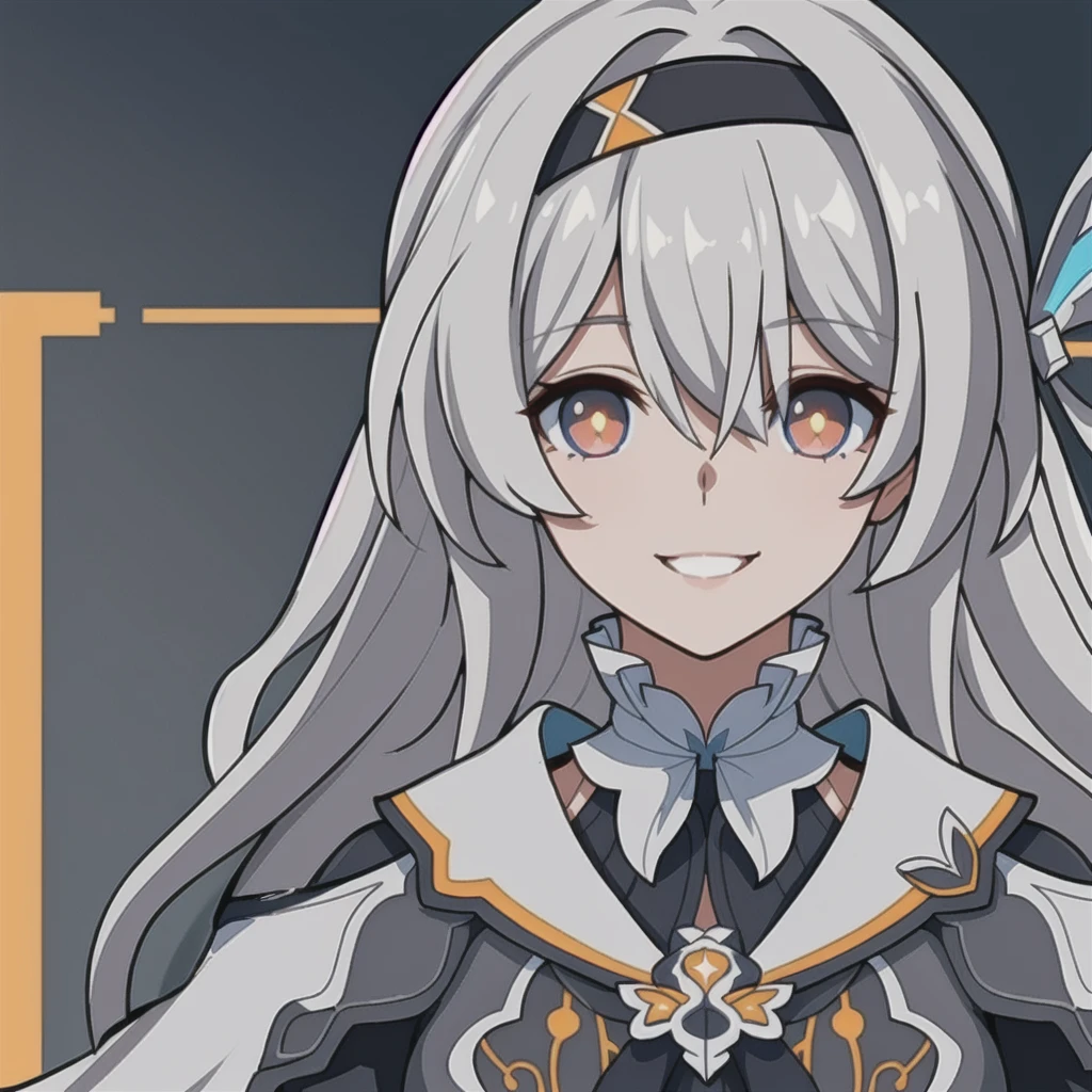 anime girl, happy expression, smile, light grey hair, firefly, star rail, honkai star rail, dark brown clothes, 1girl, masterpiece, (beautiful and aesthetic:1. 5), thick black lineart, clean lineart, perfect lineart, variable lineart, thick lineart, clean anime outlines, intense line art, bold lineart, sharp lineart, heavy lineart, line art, best quality, high quality, high details, super detail, best quality, ultra-detailed, colourful, saturated colours, dynamic lighting, HD,