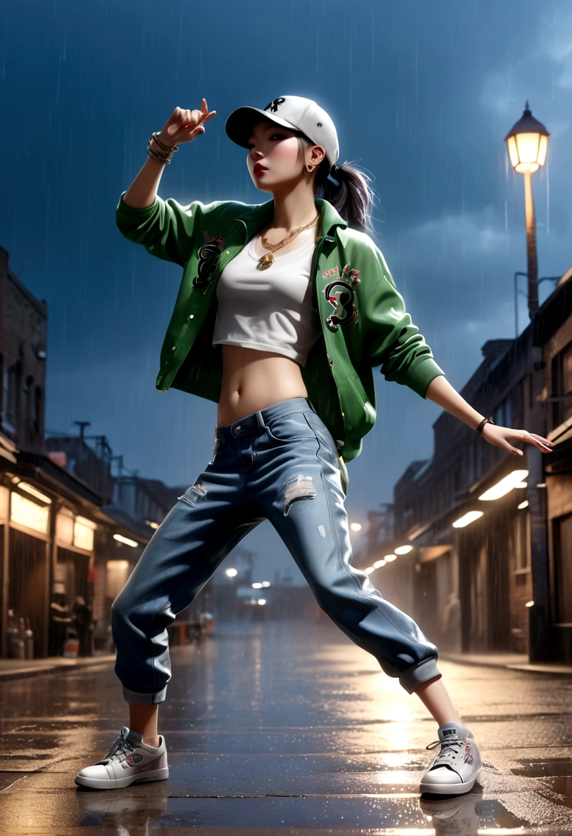 rainstorm,(Hip hop girl dancing rock in the rain:1.65), (Street Dance:1.5),透明Light线追踪,crazy hip hop style,Baseball cap,Blue denim ripped jeans。Green T-shirt,Surreal, Visual exaggeration, Nano punk,Atomic Punch, gather ,Circuit,Light,♒︎,Pisces, ♓︎,Unreal Engine,Octane Rendering,V-Ray,High Detail ,Super quality,high resolution,Surrealism,16K,Ultra wide angle,satellite view,生物发Light,