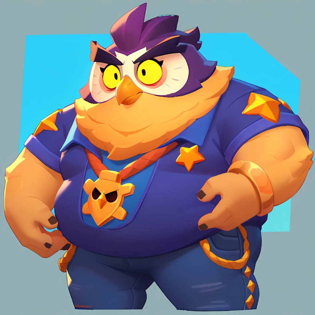 an obese anthropomorphic brown owl, bulging eyes, oval yellow beak, dressed in a blue polo shirt, purple jeans with orange trim on the side, gold sinture, brawl, brawl stars