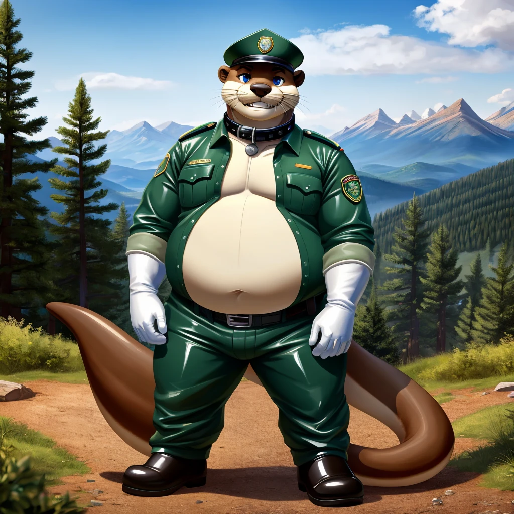 solo, full body, Male, fat, extremely obese, Otter, park ranger, trousers, outdoor, park ranger uniform, collared shirt with buttons, blue eyes, (soft shading), 4k, hi res, ((detailed face, detailed)), looking at viewer, evil grin, Otter is wearing the collared shirt and leather collar at the same time, Otter is wearing a glossy leather dog collar around the neck, Otter is wearing white rubber gloves on the hands, white rubber gloves on the feet, gloves are rubber in texture, leather collar is shiny, leather collar is extremely detailed, rubber gloves are glossy, Evergreen pine forest and mountains national park in the background, Environmental protection area.