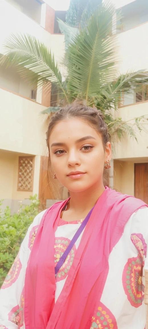 Her hair is parted to the side, eyes brown