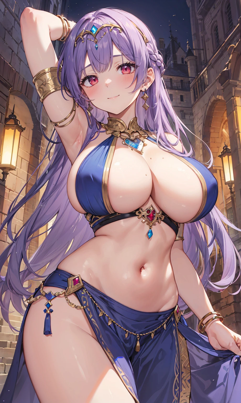 high quality, ultra detailed, best quality, insanely detailed, beautiful, masterpiece, 1girl, medieval plaza, cowboy shot, red eyes, long hair, purple hair, belly dancer, circlet, earrings, armlets, bracelets, bashful smile, large breasts, cleavage, soft stomach