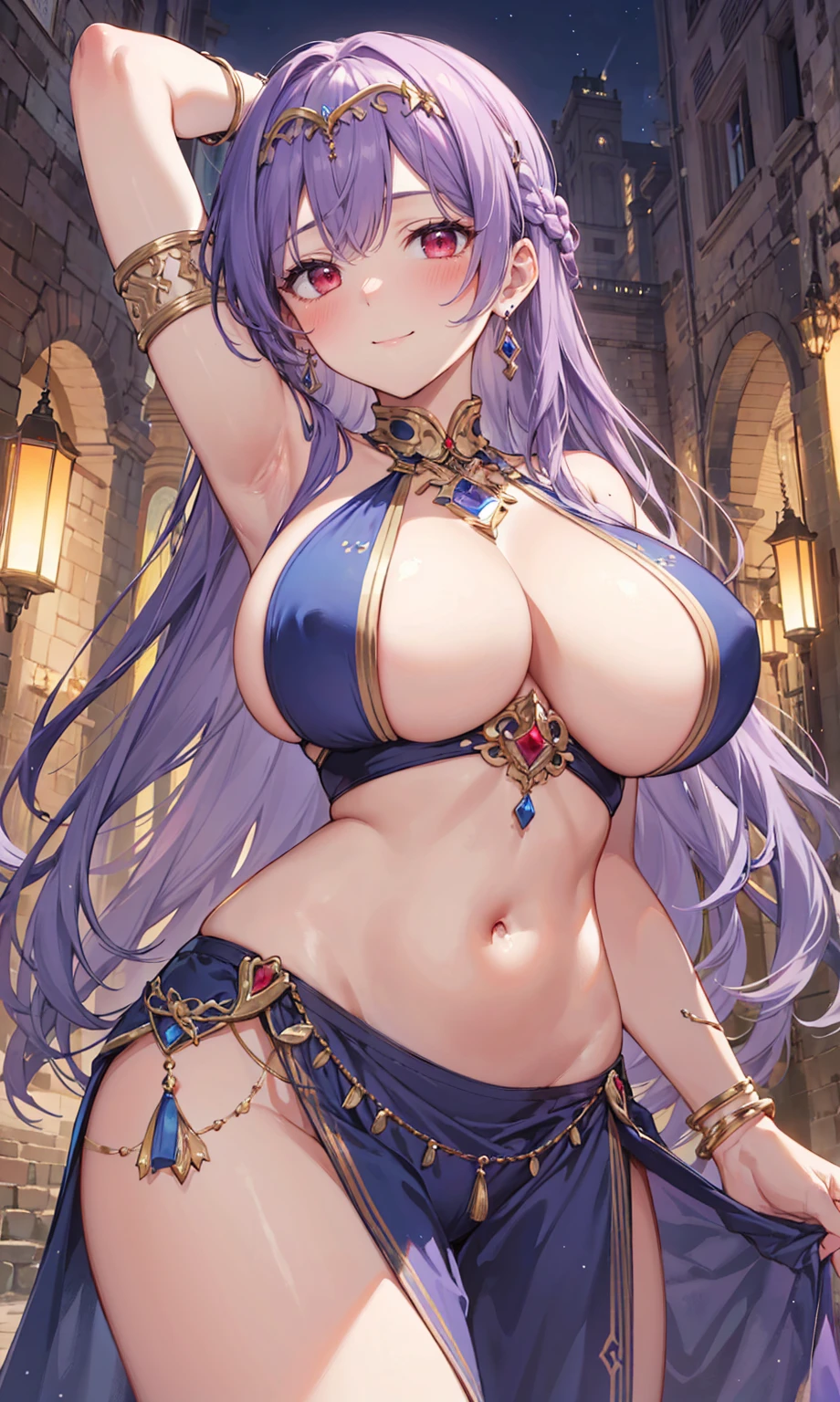 high quality, ultra detailed, best quality, insanely detailed, beautiful, masterpiece, 1girl, medieval plaza, cowboy shot, red eyes, long hair, purple hair, belly dancer, circlet, earrings, armlets, bracelets, bashful smile, large breasts, cleavage, soft stomach