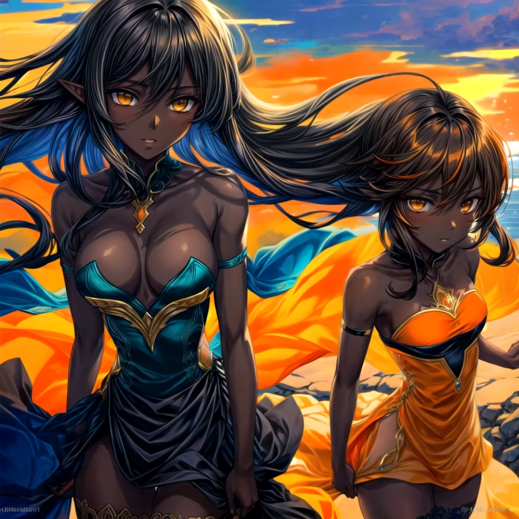 1 black elf, citrine eyes, dark skinned female, very long light brown hair, floating hair, ssmile, parted lips, cute, 
medium breasts, rug, bared shoulders, thighhighs, (sideboob:0.9), 
strapless white summer dress, thighhigh, Bracelete, 
Dress lift, 
on the vast hill overlooking the lake, deep orange sunset, (Bird:0.9), 
sharp focus, gazing at viewer, cowboy shot, (close up:1.1), from behind, From  above, 
(Orange tone:1.3), (golden tone:0.9), (red tone:0.9), 
illustration, (anime coloring:1.1), 
break (work of art:1.2), (best qualityer:1.2), the newest, (details Intricate:1.2), Generated by AI,