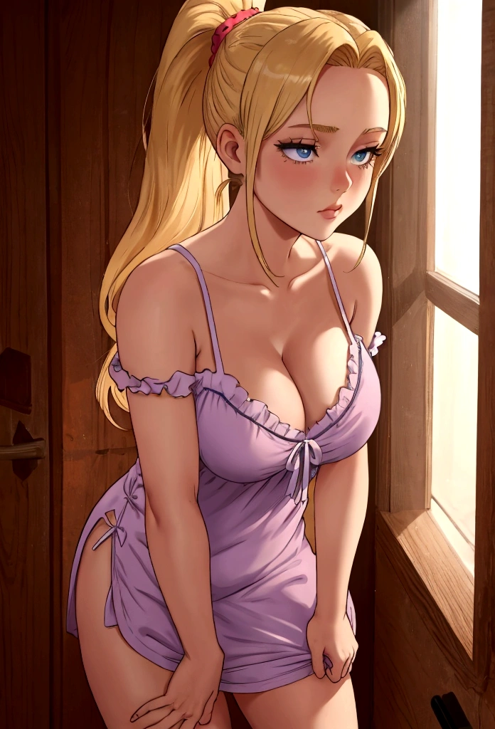 blonde ponytail, hiding, cleavage, nightgown, shorts, (pull, close shot), standing, thick legs, bare shoulders, 18 year old girl, back position