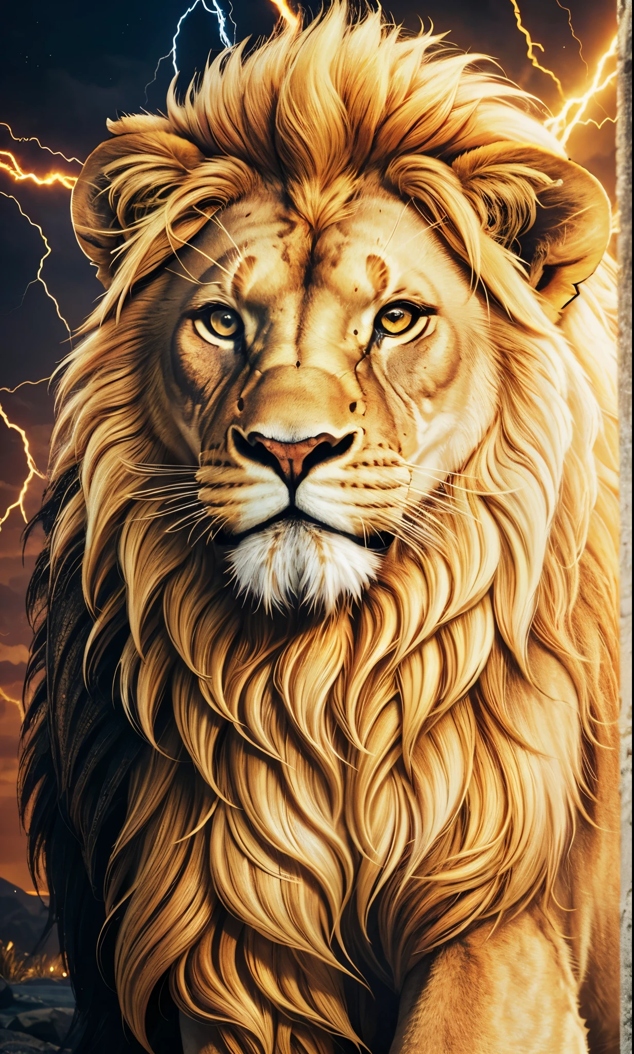 Lion, Divine Lion, naturals, thunder, Realistic Lion, rey, realistic detailed, Sunset light, sky, Sol noturno, realistic detailed 16K, Eletricidade Detalhada 8K, Darkness Background, Texturas realistas de 8K, Cores photorrealistic 8K, fire azul, realistic detailed Fire Bolt, sky Light Detailed, Power of thunder, Realistic Divine, gold color, Divine gold, Golden light, naturey, linda, Rendering, photorrealistic, UltraHigh definition, 4K, detailed textures, thunder, detailed shadows, detailed colors, neon blue, blue light, lightning strikes, blue power, naturey linda, Great Divine, peaceful face, naturalss, lightning strike, Electric Power Screw, detailed contrast, realistic contrast, high resolution, detailed colors, fire, villany, divine creature, 8K FullHD, realistic detailed, 16K, 8K, High definition, detailed contrast, realistic contrast, high resolution, detailed colors, fire, villany, divine creature, 8K Realistic Lion Face, realistic detailed, chic, elegance