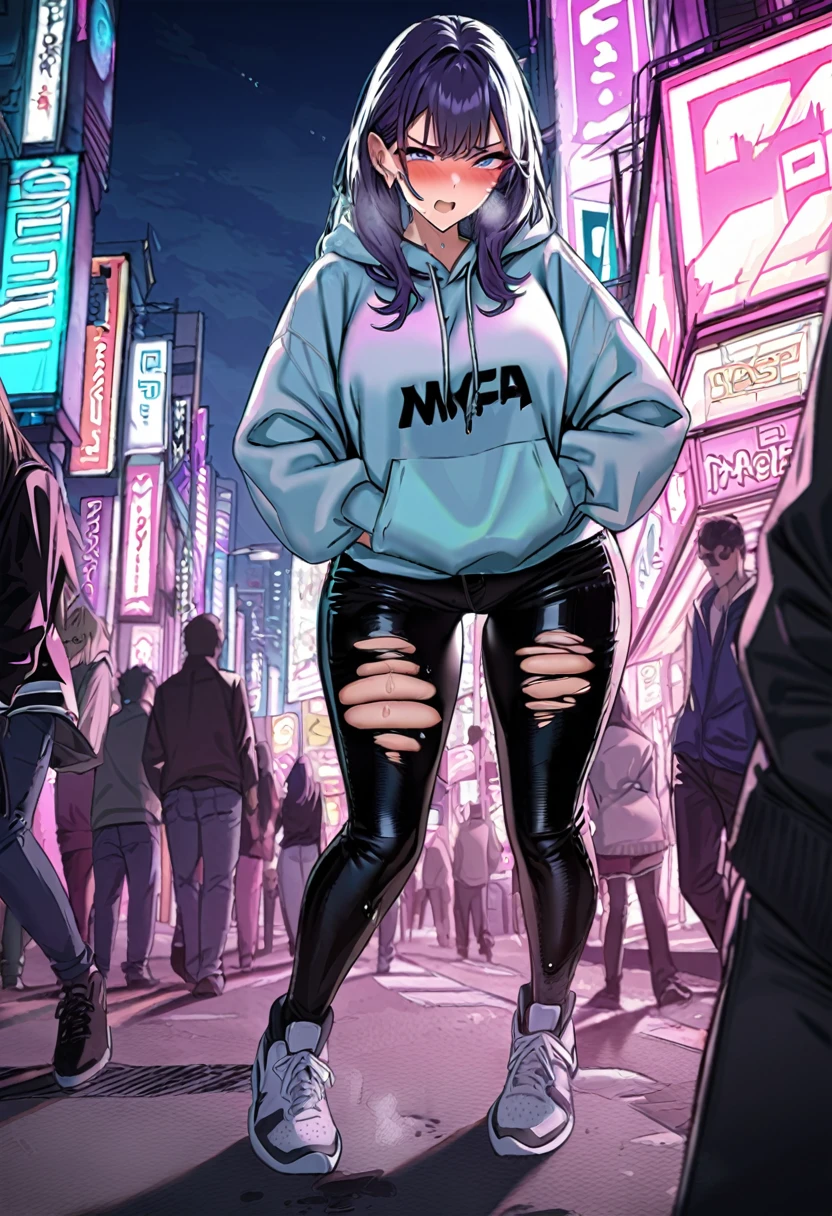 (1girl:1.5), (1boy:1.5), (masterpiece:1.37), best quality, (extremely detailed:1.37), woman, adult, mature, large breasts, (very long hair:1.5), dark purple hair, purple eyes, (extremely detailed eyes:1.37), white hoodie, multicolored hoodie, light blue hoodie, futuristic hoodie, jeans, (desperation:2.0), (wetting: self 3.0), standing, embarrassed, humiliation, blushing, angry, city, futuristic, neon lighting, high-tech, full body