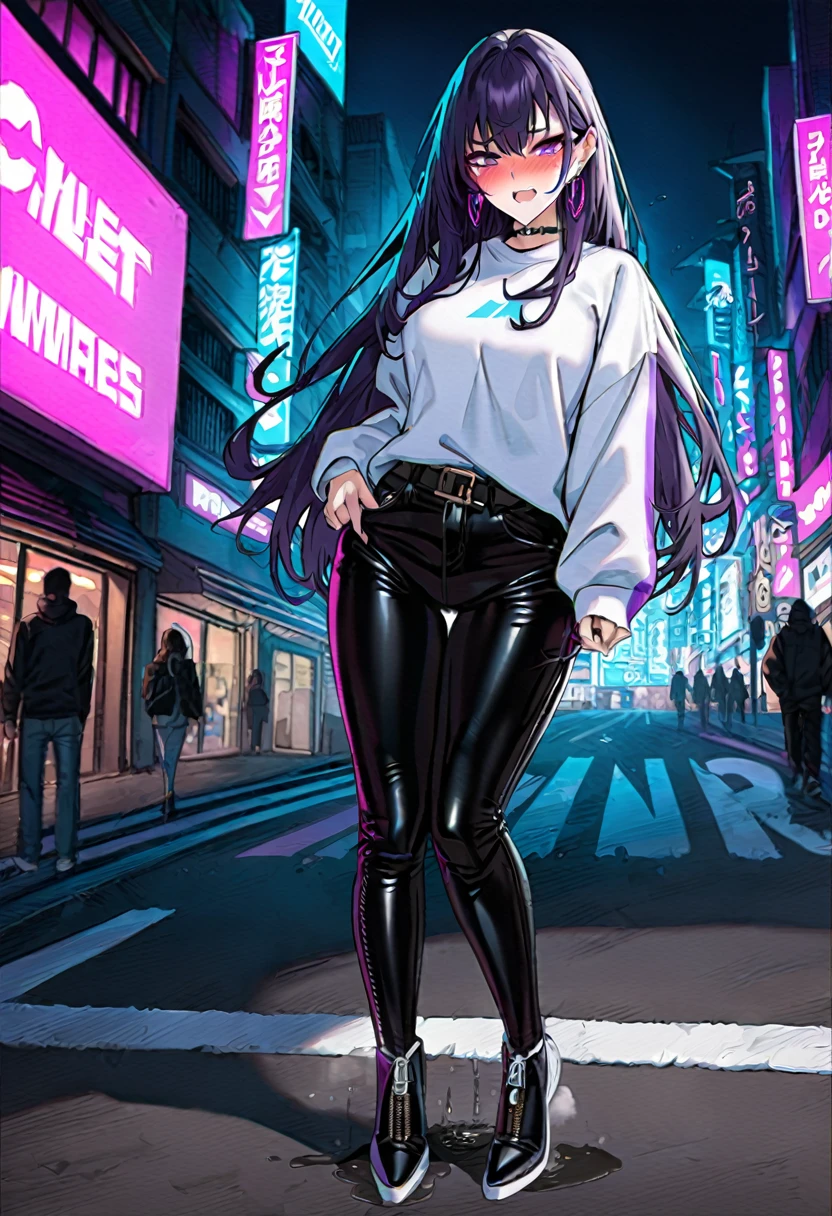 (1girl:1.5), (1boy:1.5), (masterpiece:1.37), best quality, (extremely detailed:1.37), woman, adult, mature, large breasts, (very long hair:1.5), dark purple hair, purple eyes, (extremely detailed eyes:1.37), white hoodie, multicolored hoodie, light blue hoodie, futuristic hoodie, jeans, (desperation:2.0), (wetting: self 3.0), standing, embarrassed, humiliation, blushing, angry, city, futuristic, neon lighting, high-tech, full body