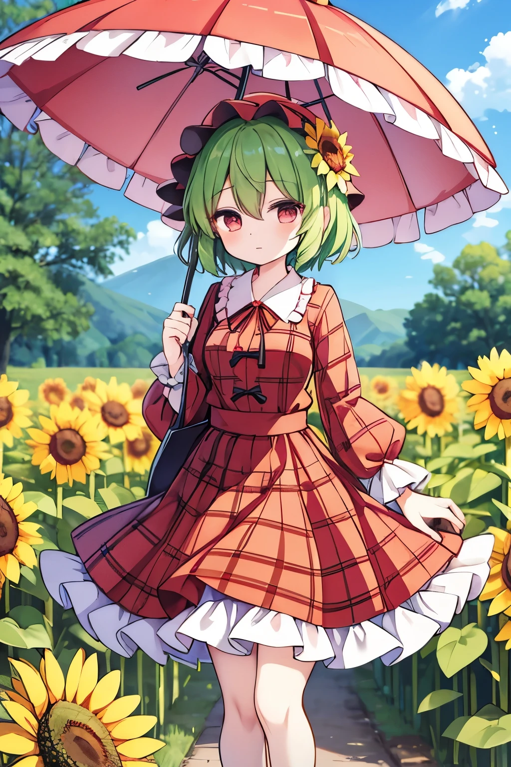 Touhou Project Kazami Yuuka, the Lord of Flowers, wearing a sun hat, sunflower, red plaid dress, holding a pink parasol