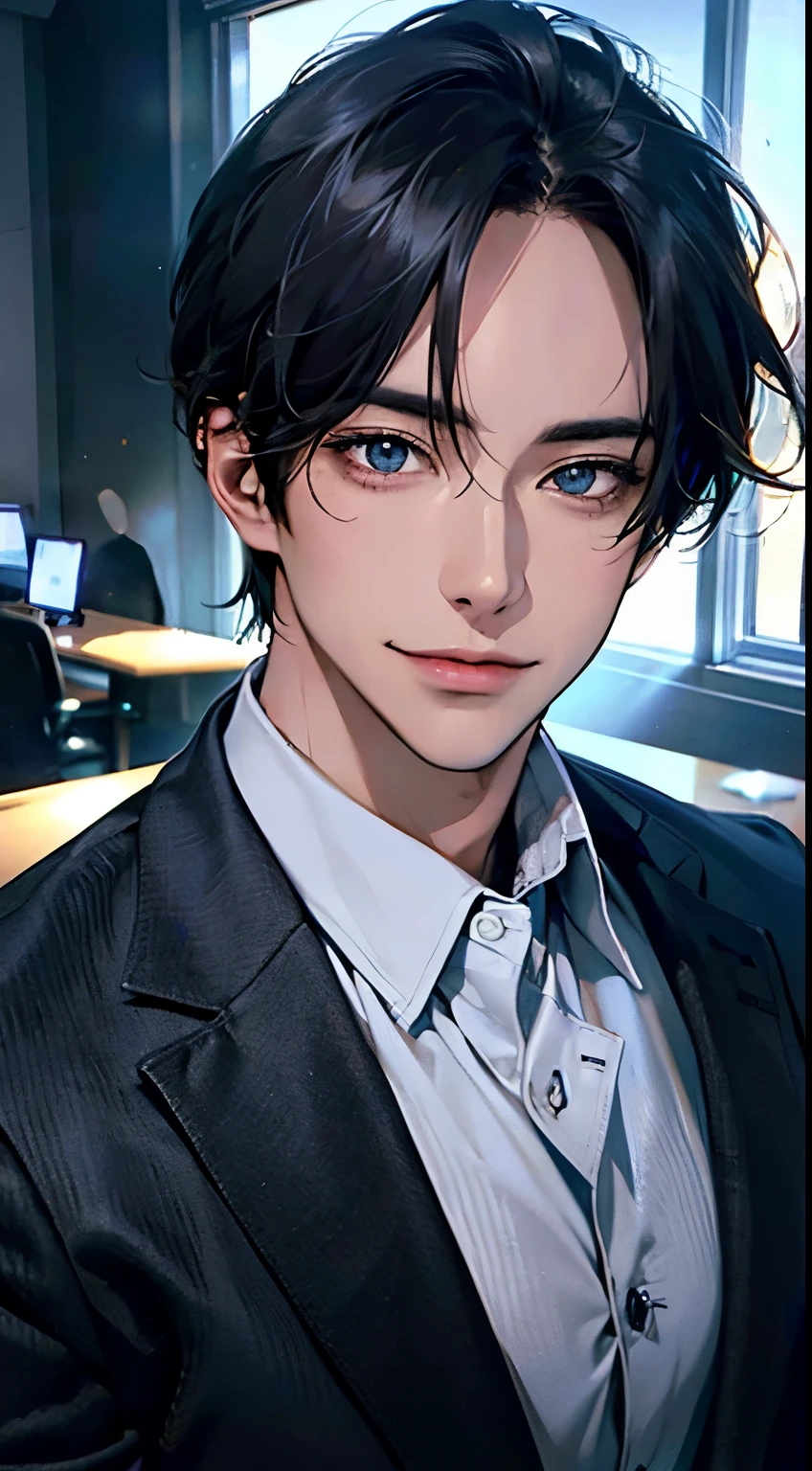 (Highest quality,4K,8K,High resolution,masterpiece:1.2),Super detailed,(Realistic,photoRealistic,photo-Realistic:1.37),1 person,31 years old,Mature Men,very handsome,Expressionless,smile,Short gray-black hair,blue eyes,Sharp Eyes,A perfect face without a doubt,Intimidating posture,Businessman,Office Background,Cinema Lighting,HDR image