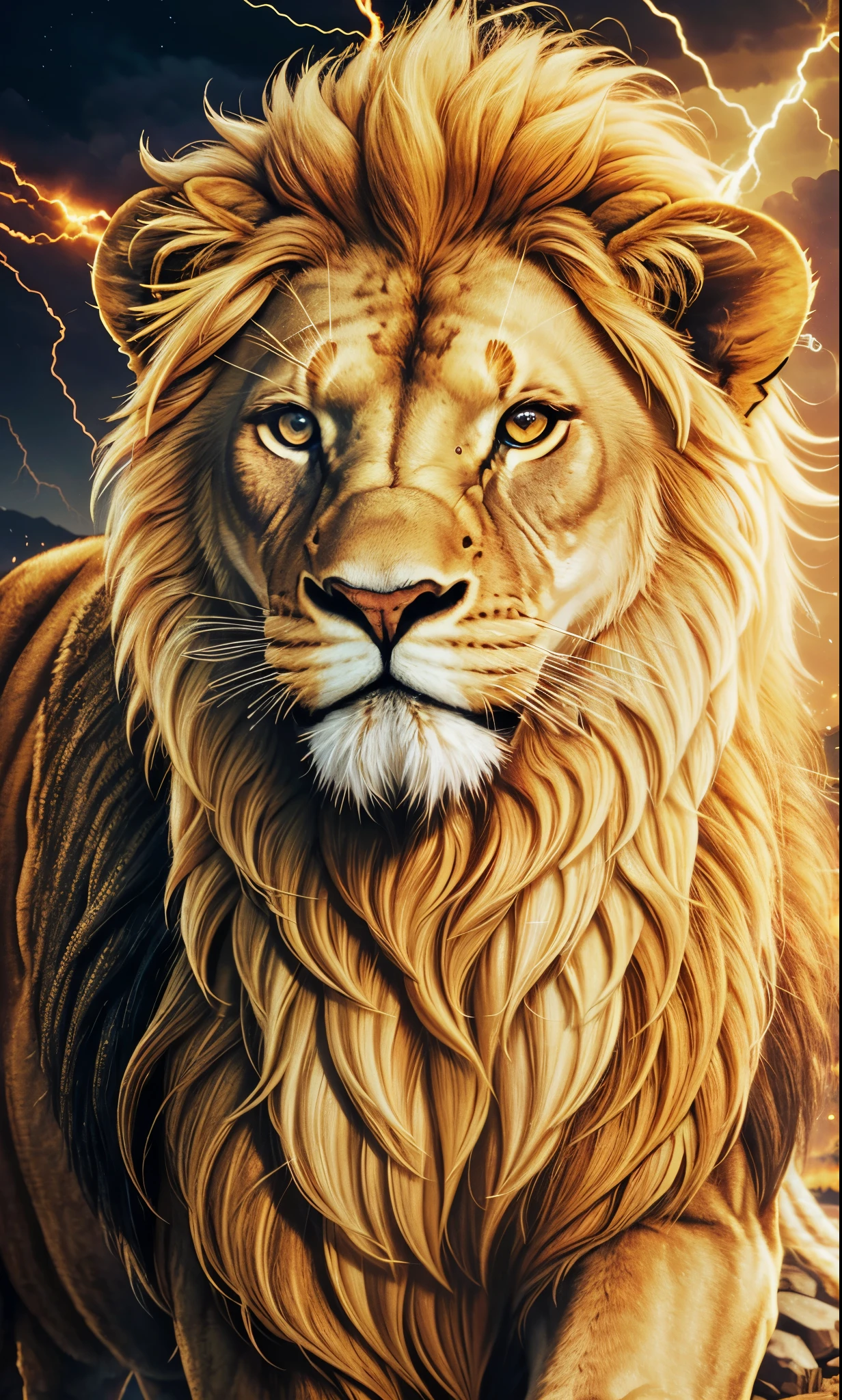 Lion, Divine Lion, naturals, thunder, Realistic Lion, rey, realistic detailed, Sunset light, sky, Sol noturno, realistic detailed 16K, Eletricidade Detalhada 8K, Darkness Background, Texturas realistas de 8K, Cores photorrealistic 8K, fire azul, realistic detailed Fire Bolt, sky Light Detailed, Power of thunder, Realistic Divine, gold color, Divine gold, Golden light, naturey, linda, Rendering, photorrealistic, UltraHigh definition, 4K, detailed textures, thunder, detailed shadows, detailed colors, neon blue, blue light, lightning strikes, blue power, naturey linda, Great Divine, peaceful face, naturalss, lightning strike, Electric Power Screw, detailed contrast, realistic contrast, high resolution, detailed colors, fire, villany, divine creature, 8K FullHD, realistic detailed, 16K, 8K, High definition, detailed contrast, realistic contrast, high resolution, detailed colors, fire, villany, divine creature, 8K Realistic Lion Face, realistic detailed, chic, elegance