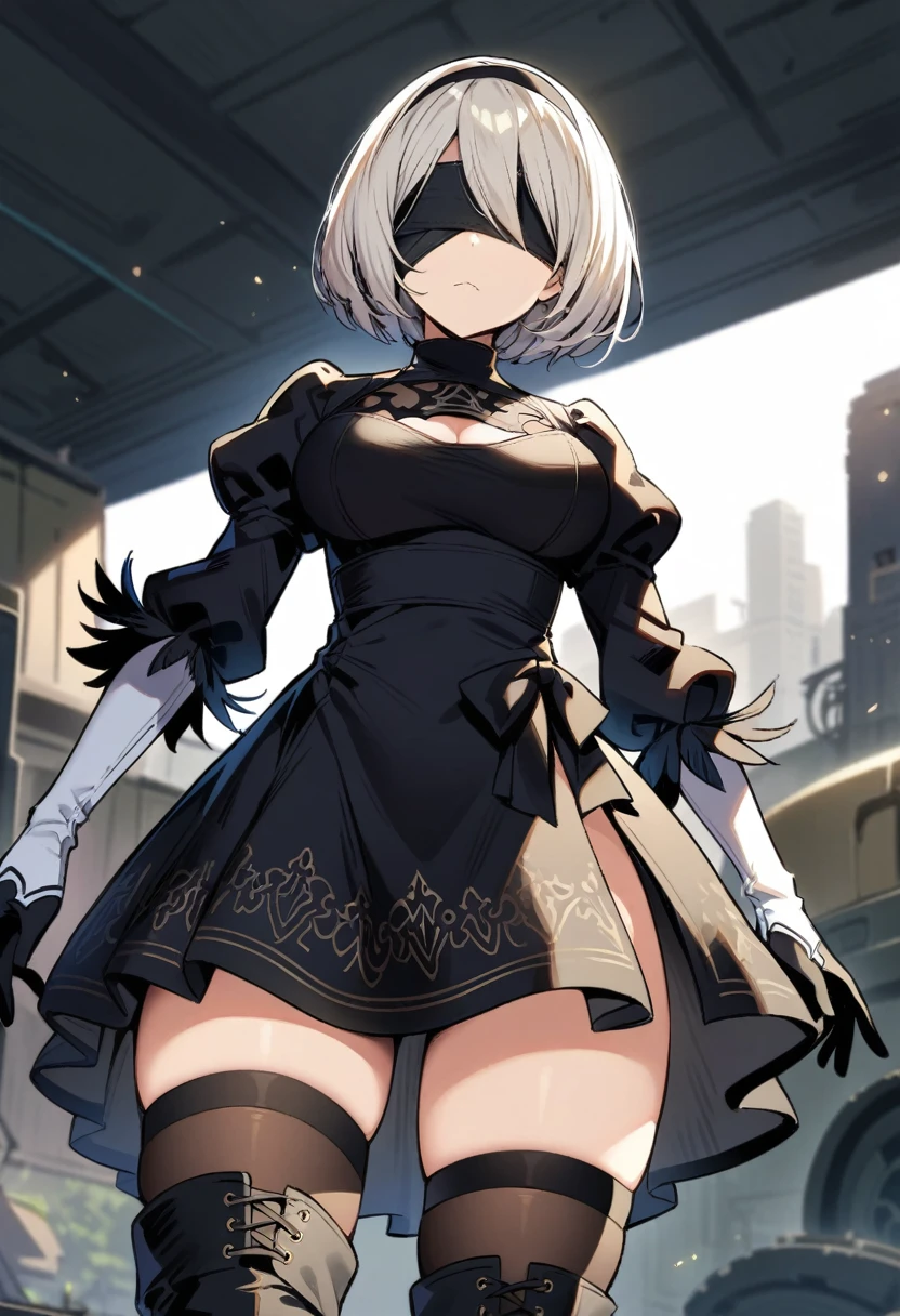 masterpiece, best quality, very aesthetic, absurdres,1girl, ,2b_(nier:automata), nier:automata, nier_(series), 1girl, short_hair, white_hair, covered_eyes, black_blindfold, black_hairband, hairband, black_dress, dress, feather-trimmed_sleeves, feather_trim, gloves, juliet_sleeves, long_sleeves, puffy_sleeves, thighhighs, thighhighs_under_boots,from below, contempt, disgust,looking at viewer,frown,shaded face,,in recreational machine hall,blur background,background defocus