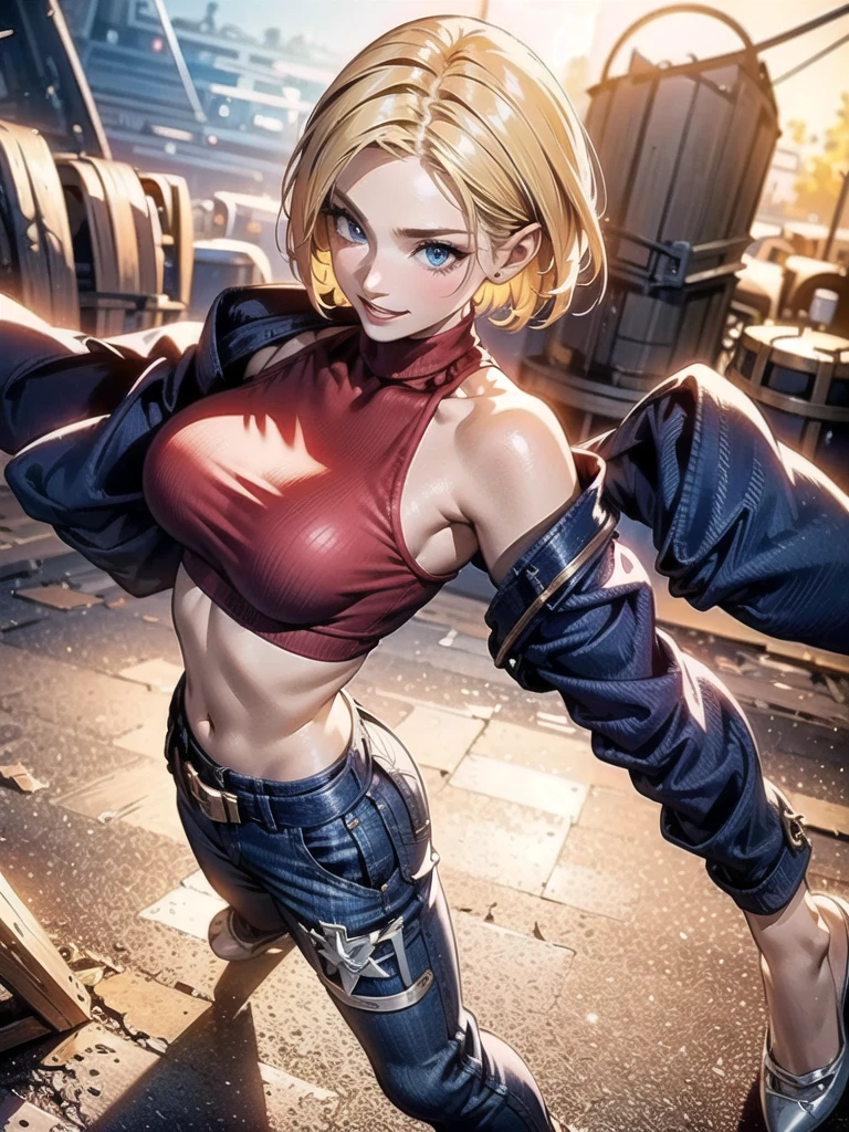 30 year old woman, alone, athletic, jacket, semi-short blonde hair, wears red crop top, wears blue dogger pants, smiling at viewer, pointing at viewer, high resolution, absurd, intricate, sharp focus , sunset on the beach, 40 megapixels, 500 dpi, best quality, masterpiece, high resolution, perfect image, highly detailed, high contrast, digital colors, simple, medium shot, cinematic, ultra sharp focus, award-winning photography, contrast perfect, high sharpness, depth of field, ultra detailed photography, global illumination, fluid, ultra high definition, 8k, Unreal Engine 5, ultra sharp focus, award winning photography, art season trends,