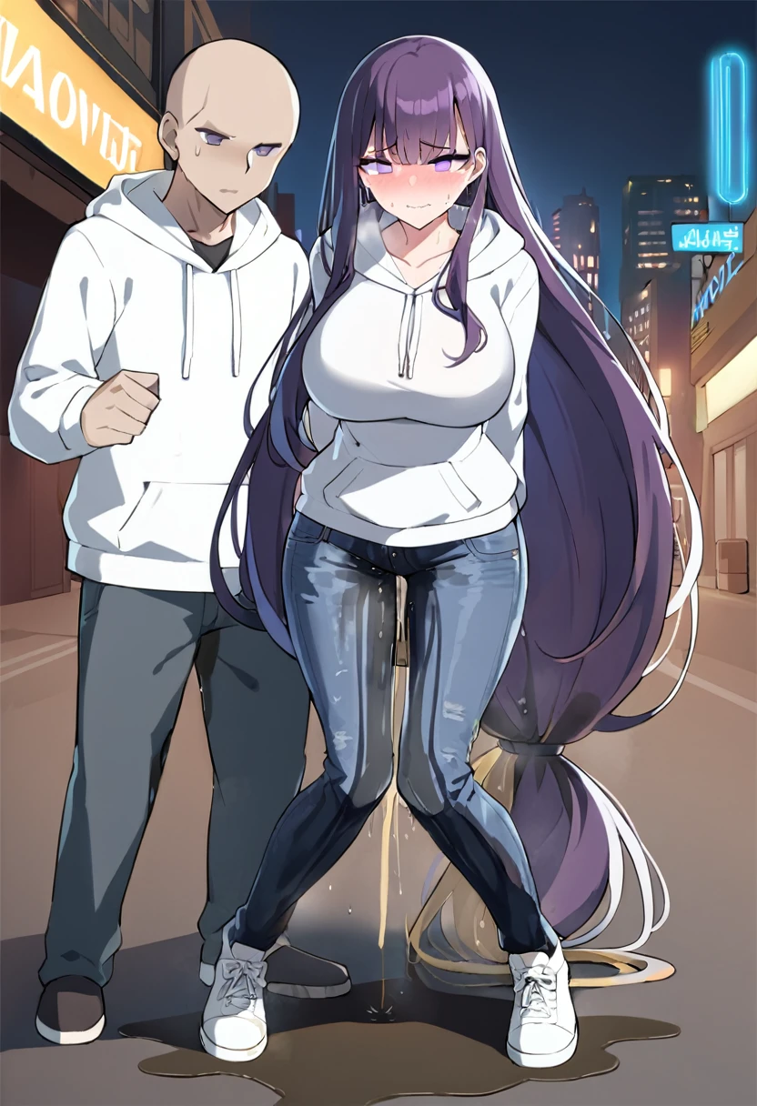 (1girl:1.5), (1boy:1.5), (masterpiece:1.37), best quality, (extremely detailed:1.37), woman, adult, mature, large breasts, (very long hair:1.5), dark purple hair, purple eyes, (extremely detailed eyes:1.37), white hoodie, multicolored hoodie, light blue hoodie, futuristic hoodie, jeans, (desperation:2.0), (wetting: self 3.0), standing, embarrassed, humiliation, blushing, angry, city, futuristic, neon lighting, high-tech, full body