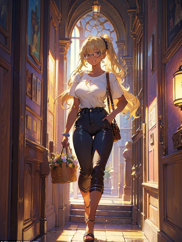 (masterpiece:1.3, highest quality), beautiful illustrations, perfect lighting, colorful, Depth of the bounds written, looking at the viewer, full body, Front view:0.6,
1 girl, alone, Japanese,
Improve, (seductive thighs, skin dents), (long hair:1.5, side ponytail), asymmetrical bangs, purple eyes, parted lips, (very tanned and shiny skin), beautiful hair, beautiful face, highly detailed face, detailed and beautiful eyes, beautiful clavicle, beautiful body, beautiful breasts, beautiful thighs, beautiful feet, beautiful fingers,
(spring date clothes:1.4),Drop Shoulder T-Shirt, pants, Glasses, Earrings,shoulder bag,
hair scrunchie, (enchanting smile), evening,gal,(brown skin:1.5),(blonde:1.5),(huge breast),standing,appointment