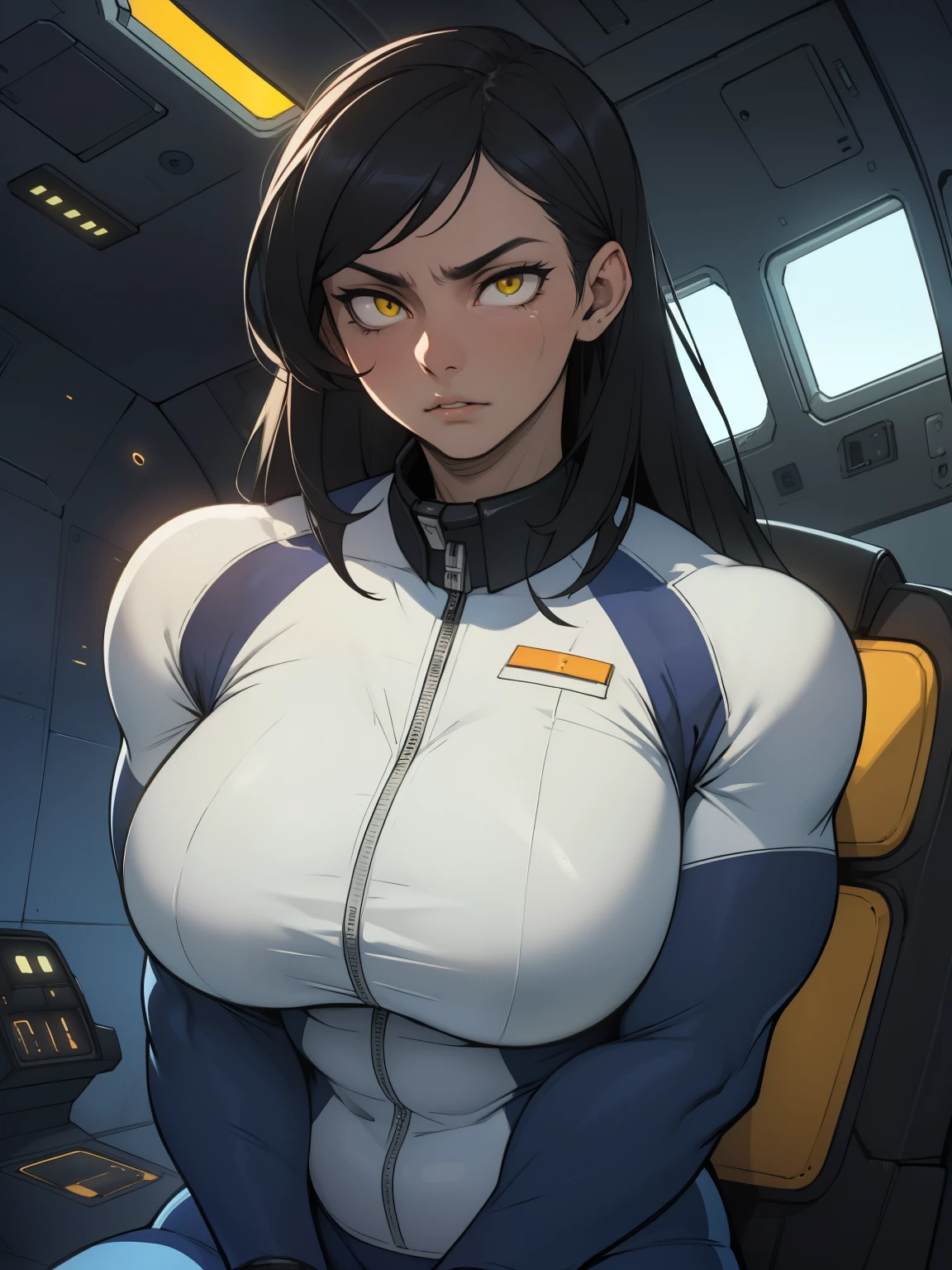massive hair huge breasts giant muscles expressionless sad girl black hair long hair yellow eyes pale skin extremely thick ((alien suit inside spaceship cockpit))