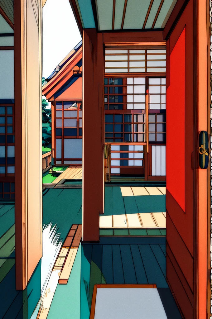 Geisha with white, tied hair sitting inside a traditional Japanese house
