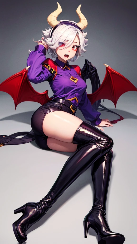 score_9, score_8_up, score_7_up, score_6_up, score_5_up, score_4_up, source_anime.
colettetrixie, red skin, sharp teeth, hair over one eye,close eyes, hairband, demon horns, colored sclera, purple shirt, purple shorts, demon wings, thigh high boots, high heels, black boots, she was lying down,