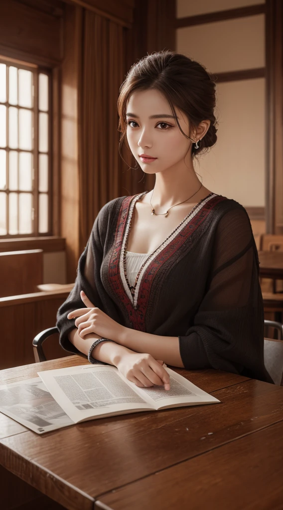 table top, best quality, photorealistic, finely detailed, high resolution, funds&#39;8k screen, Composition dynamique parfaite, sharpness, A hyper realistic, beautiful detailed eyes, middle hair, big full tits, Random and sexy poses, Gather your chest, (Beige Knit Crew Neck Tank Top, décolleté large ouvert:1.4, notched panties), ((Renflement mammaire:1.2,(Souligne le décolleté, Tank top with clear view of the chest shape:1.3)), a smile, open your mouth open, Paysage de station, 25 ans, (drooling eyes:1.4), Adult beauty, Japanese man, simple chain necklace, large loop d&#39;ear, Shooting to do