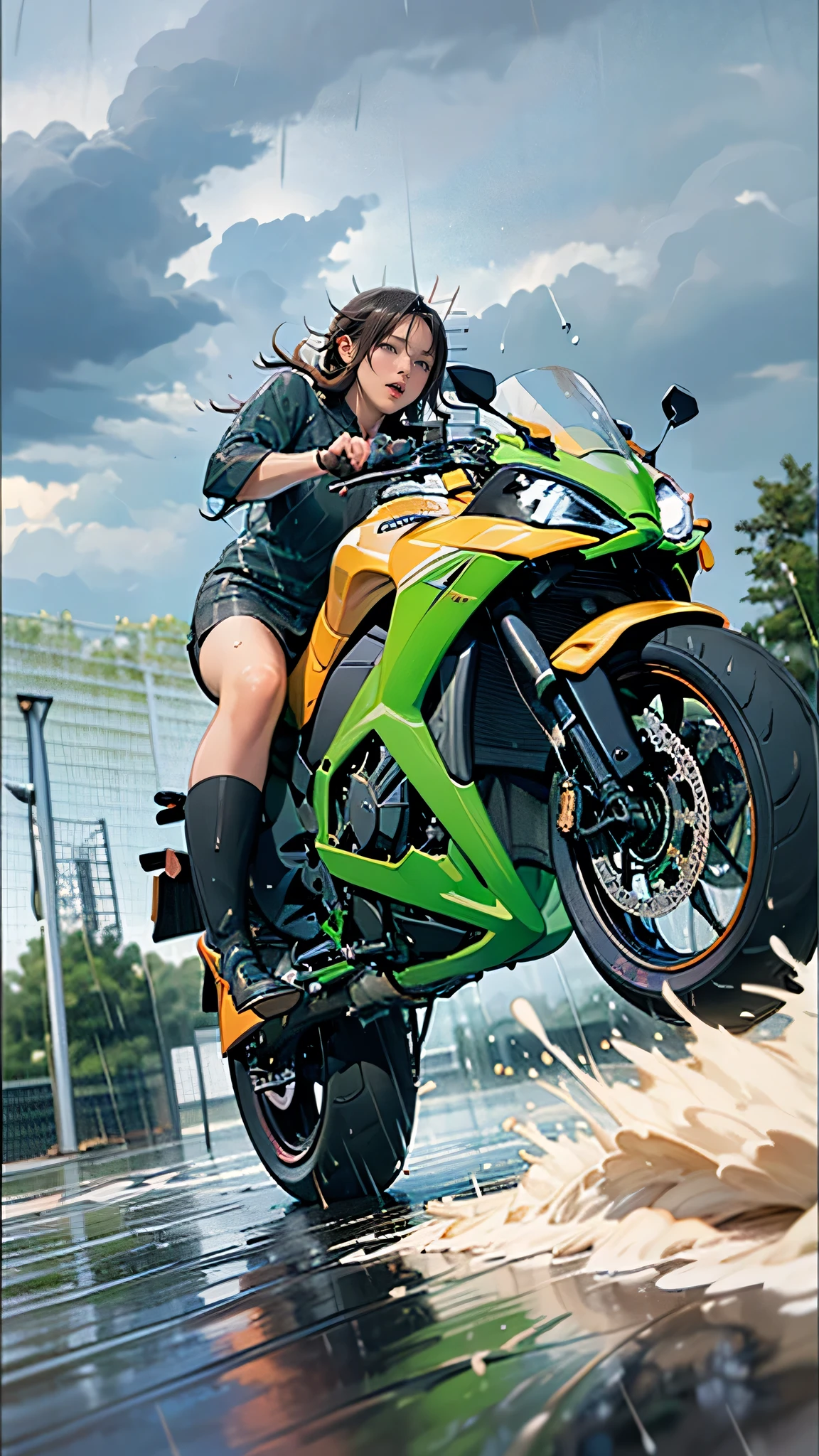 (from below:1.0), (((Emphasizing rain streaks:1.9))), (((super stormy,Heavy rain of large typhoon class,like a rain of super typhoon:1.2)))of(((A beautiful girl rider riding a Kawasaki Z1000R Eddie Lawson replica while hitting a counter attack.:1.4))), (((Water splashes rising violently))), (((Expressing a sense of speed))), 