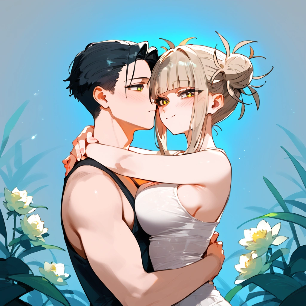 anime artwork, score_9, score_8_up, score_7_up, score_6_up, score_5_up, score_4_up, floox style //////Himiko toga, big breasts, she is 24 years old, style_3, ,giggling , , naked,, yellow eyes, , nude, grey background, ,, 1boy, , blush, , , light-skinned male, , tank top, ,upright straddle
