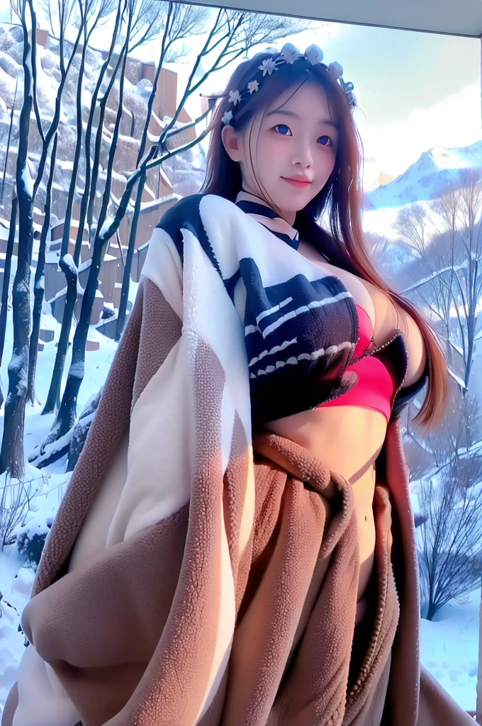 (masterpiece), (best quality:1.4), absurdres, [:intricate details:0.2], 1girl, tree, snow, solo, outdoors, water, mountain, large breasts, bikini, long hair, scenery, winter, lake, (looking at viewer:1.2), day, sky, reflection