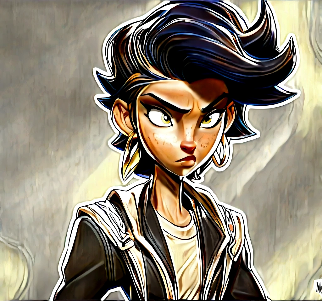 Zeta the brilliant and resourceful young inventor has a unique striking appearance. Here is a description of how she looks like.
Age: 17-18 years old
Height: 5’8’’ (173 cm)
Hair: short, spiky, and jet-black, often styled with a loose strands framing her face.
Eyes: bright, inquisitive, and piercing green, with a sharp intensity that misses nothing,
Skin: smooth, and slightly tanned,
Build: slim, athletic, and toned, with a wiry physique that bellies her incredible strength and agility,
Style: zeta’s fashion sense is eclectic and practical, often blending functional lab wear with trendy streetwear. She favors bold colors, graphic tees, and durable pants that can keep up with her active lifestyle.
Accessories: a silver necklace with a tiny gear pendent, a black leather jacket with metallic accents, and a pair of high tech goggles perched on her forehead, ready to be deployed at moment notice.
Facial expression: she has a thoughtful, introspective look.
