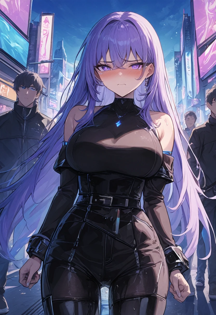 (1girl:1.5), (1boy:1.5), (masterpiece:1.37), best quality, (extremely detailed:1.37), woman, adult, mature, large breasts, (very long hair:1.5), dark purple hair, purple eyes, (extremely detailed eyes:1.37), white hoodie, multicolored hoodie, light blue hoodie, futuristic hoodie, jeans, (desperation:2.0), (wetting: self 3.0), standing, embarrassed, humiliation, blushing, angry, city, futuristic, neon lighting, high-tech, full body