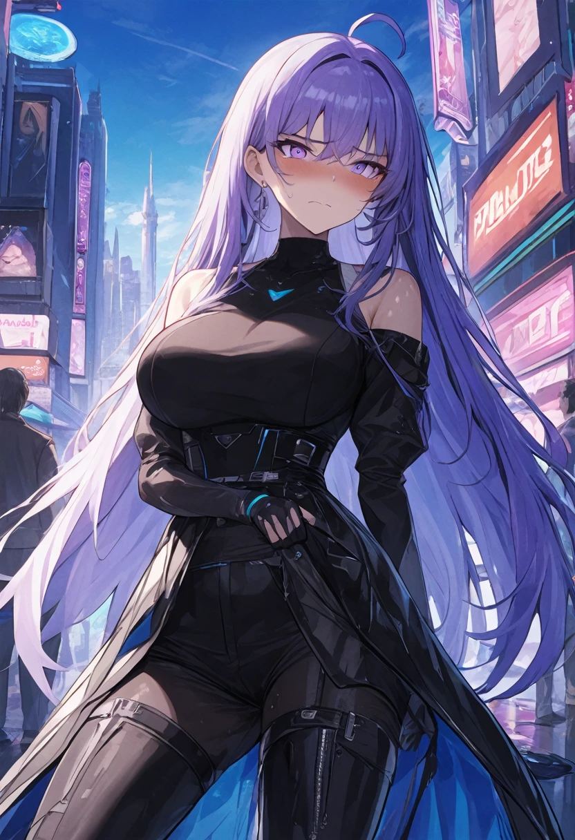 (1girl:1.5), (1boy:1.5), (masterpiece:1.37), best quality, (extremely detailed:1.37), woman, adult, mature, large breasts, (very long hair:1.5), dark purple hair, purple eyes, (extremely detailed eyes:1.37), white hoodie, multicolored hoodie, light blue hoodie, futuristic hoodie, jeans, (desperation:2.0), (wetting: self 3.0), standing, embarrassed, humiliation, blushing, angry, city, futuristic, neon lighting, high-tech, full body