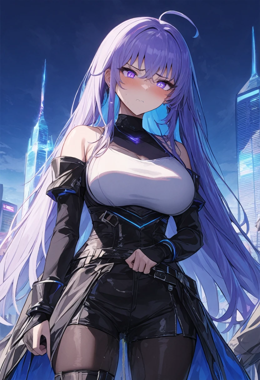 (1girl:1.5), (1boy:1.5), (masterpiece:1.37), best quality, (extremely detailed:1.37), woman, adult, mature, large breasts, (very long hair:1.5), dark purple hair, purple eyes, (extremely detailed eyes:1.37), white hoodie, multicolored hoodie, light blue hoodie, futuristic hoodie, jeans, (desperation:2.0), (wetting: self 3.0), standing, embarrassed, humiliation, blushing, angry, city, futuristic, neon lighting, high-tech, full body