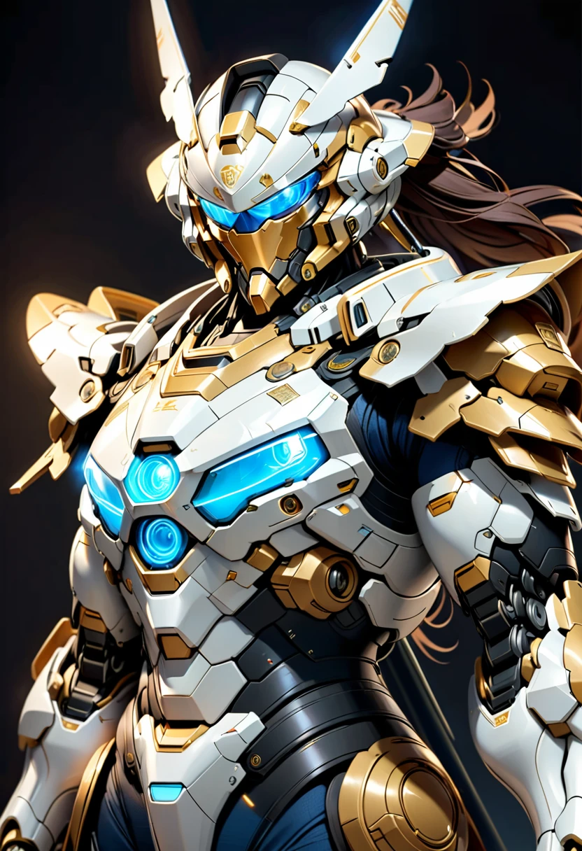 Mecha Samurai,photorealistic,1Man, Wearing blue glowing sci-fi glasses, defined and athletic body, white science fiction costume clothes with golden details, look forward, confident,