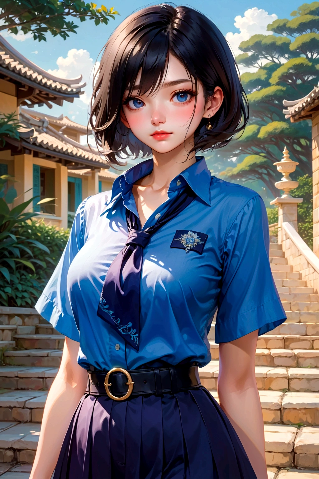 anime illustration, 1girl, wavy shoulder-length hair, serene, calm, (realistic detailed eyes, natural skin texture, realistic face details), soft dramatic lighting, depth of field, bokeh, vibrant details, finely detailed, BREAK, she wearing cornflower-blue shirt short sleeves, navy-blue neckerchief, navy-blue pleated pencil long skirt, black belt with gold circle buckle and white socks