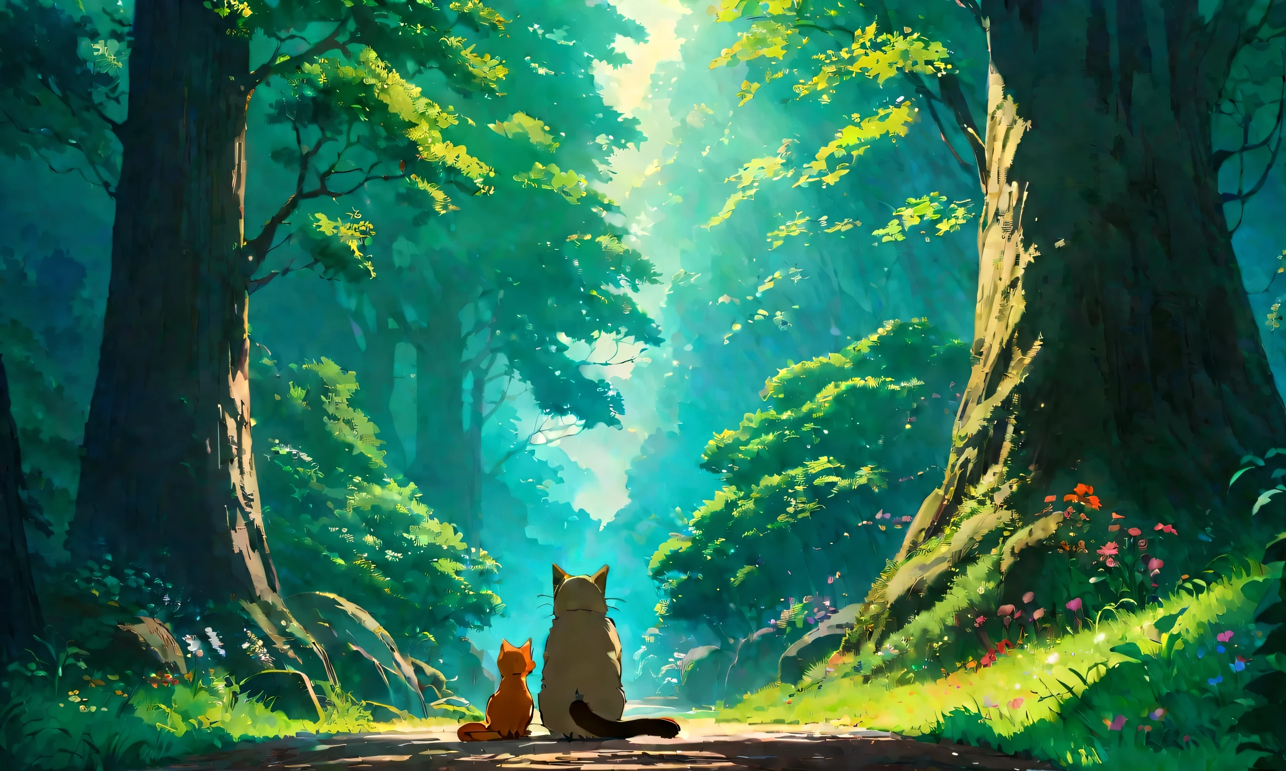 Studio Ghibli-style anime movies, Movie stills, Highest quality, masterpiece, Representative works, Official Art, Professional, Super intricate details, 8K,There is a cat, in the forest、relax、