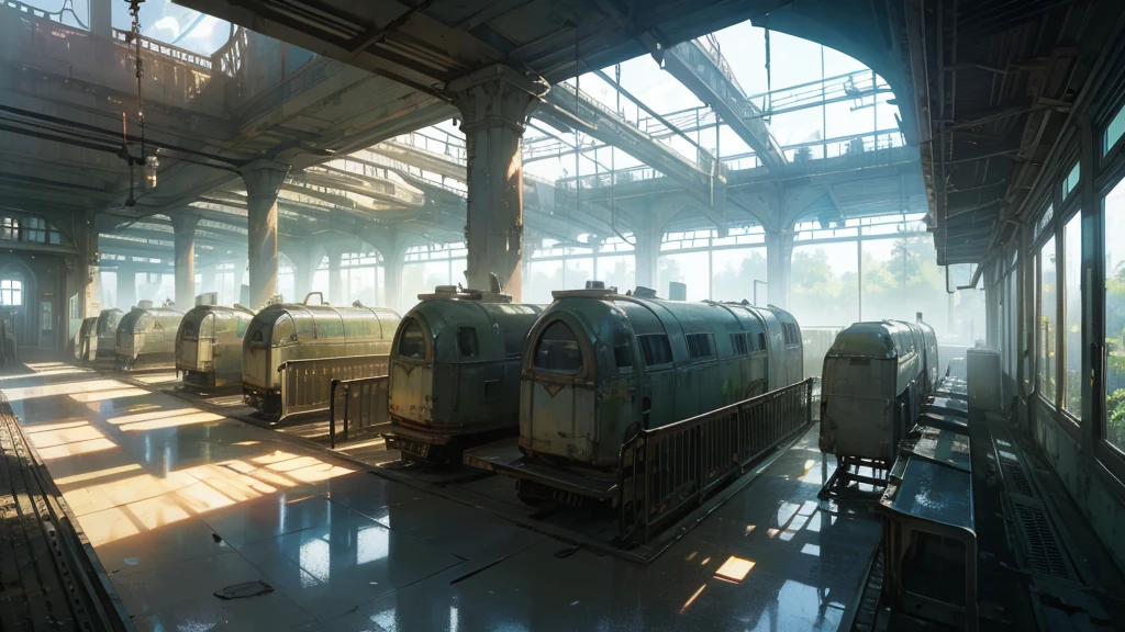 realistic detailed futuristic abandoned train station interior, high ceiling glass walls, overgrown plants, decaying benches, long check-in counters, rays of light, cinematic lighting, moody atmosphere, dramatic perspective, volumetric fog, intricate architecture, weathered materials, sense of decay, photorealistic