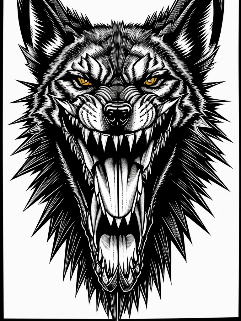 Black and white tattoo style design featuring a snarling wolf head with sharp teeth and an extended tongue, over a menacing human skull adorned with horns. Art with bold lines and crosshatched shading.