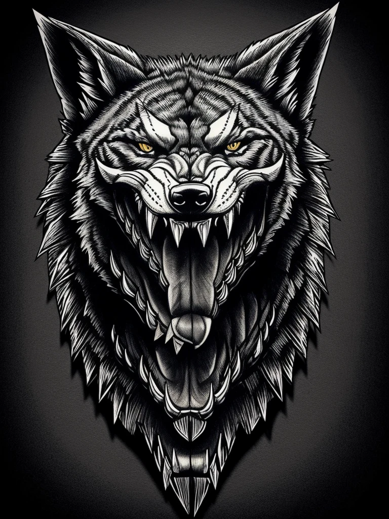 Black and white tattoo style design featuring a snarling wolf head with sharp teeth and an extended tongue, over a menacing human skull adorned with horns. Art with bold lines and crosshatched shading.