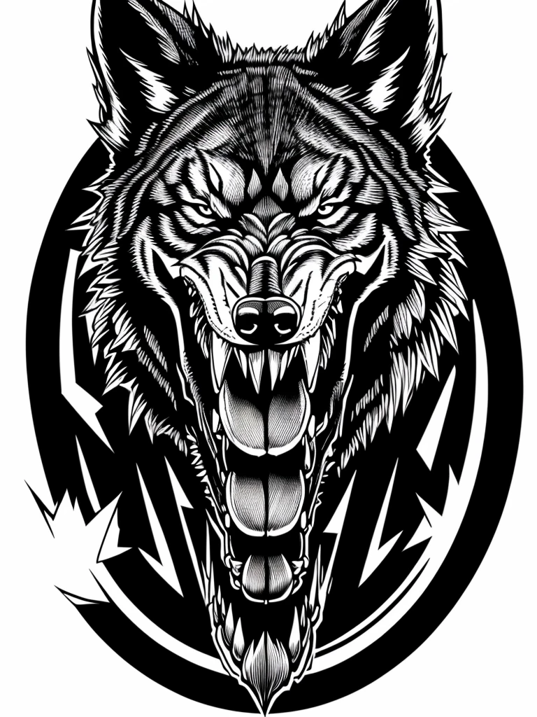 Black and white tattoo style design featuring a snarling wolf head with sharp teeth and an extended tongue, over a menacing human skull adorned with horns. Art with bold lines and crosshatched shading.