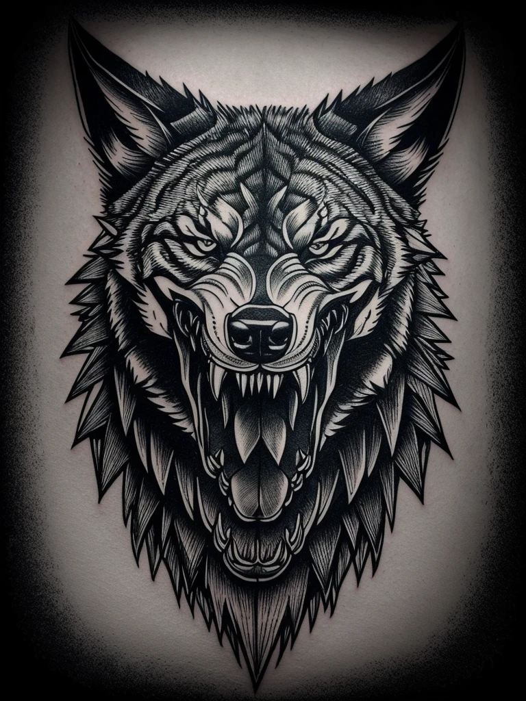 Black and white tattoo style design featuring a snarling wolf head with sharp teeth and an extended tongue, over a menacing human skull adorned with horns. Art with bold lines and crosshatched shading.