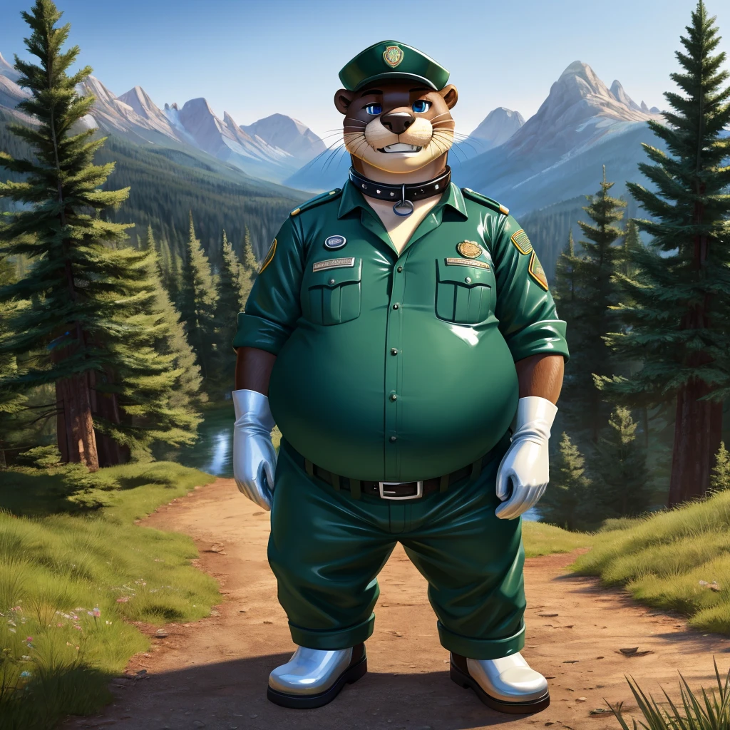 solo, full body, Male, fat, extremely obese, Otter, park ranger, trousers, outdoor, park ranger uniform, collared shirt with buttons, blue eyes, (soft shading), 4k, hi res, ((detailed face, detailed)), looking at viewer, evil grin, Otter is wearing the collared shirt and leather collar at the same time, Otter is wearing a glossy leather dog collar around the neck, Otter is wearing white rubber gloves on the hands, white rubber gloves on the feet, gloves are rubber in texture, leather collar is shiny, leather collar is extremely detailed, rubber gloves are glossy, Evergreen pine forest and mountains national park in the background, Environmental protection area.