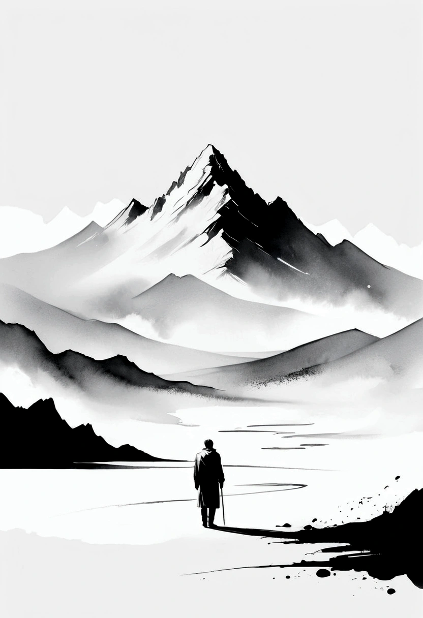 (Lots of white space:1.5),(Lots of white space:1.6), Huge negative space,White background, simple, Minimalism, Abstract,Hand Painted,Aesthetic,black and white,Ink Painting,Mountain,solitary Man