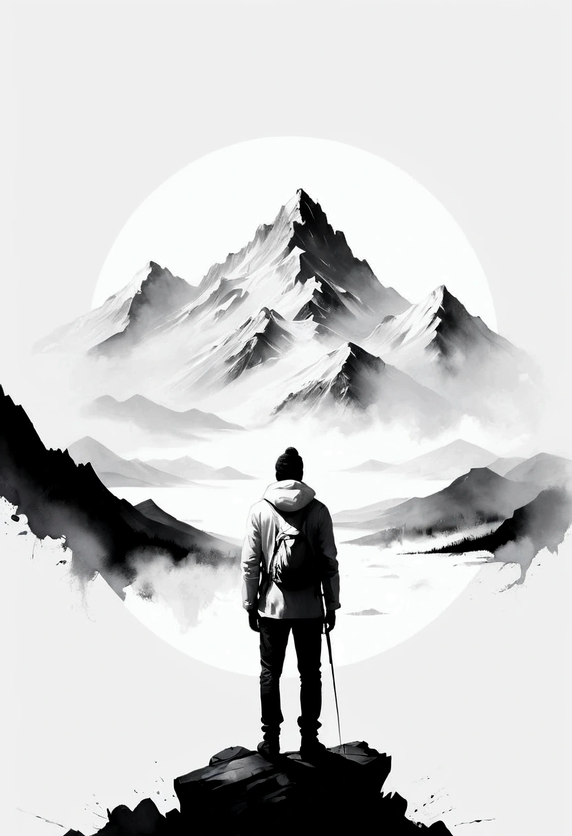 (Lots of white space:1.5),(Lots of white space:1.6), Huge negative space,White background, simple, Minimalism, Abstract,Hand Painted,Aesthetic,black and white,Ink Painting,Mountain,solitary Man